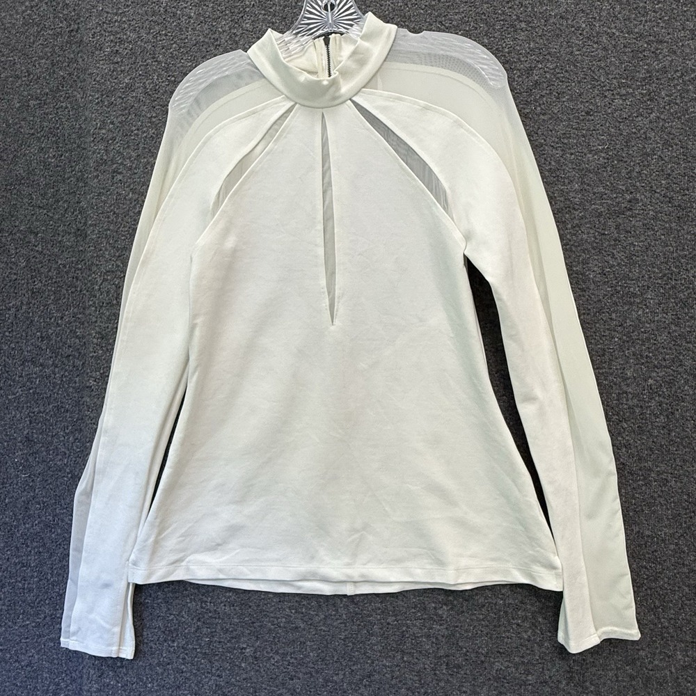 Free People Women's Off White Mesh Mock Neck Long Sleeve Athletic Top Size L